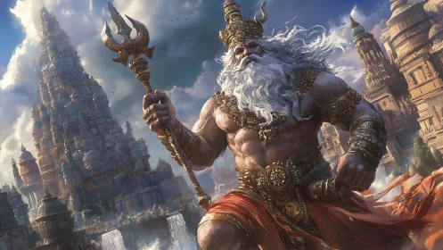 Storm-forged god strides through a golden mythic citadel.