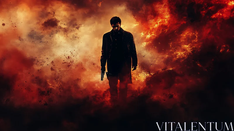 Silhouetted armed man walks through dense fiery explosion