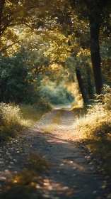 Tree-lined forest path with golden canopy and dappled light illumination
