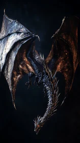 Dark metallic dragon with spread wings against black sky.