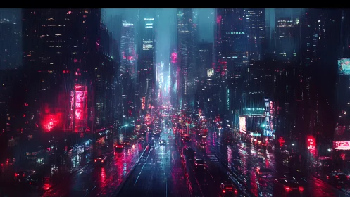 Neon drenched cyberpunk avenue in rain slicked nightscape.