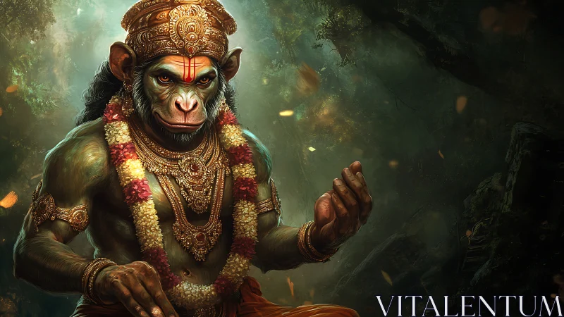 Monkey-headed deity figure sits in dense, shaded forest environment