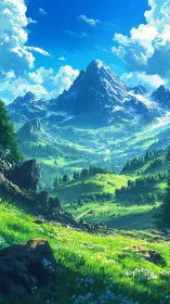 Sunlit alpine meadow unfolding beneath a crystal summit.