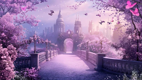 Lavender bridgeway into a dreamlit butterfly kingdom.