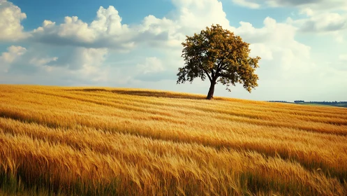 Solitary tree on sloping grain field under clouded sky.