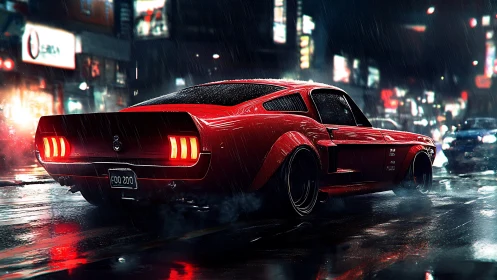 Crimson muscle car stalks neon city streets in midnight rain.