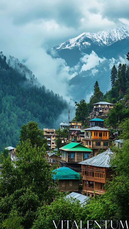 Misty mountain village nestles calmly beneath snowy peaks