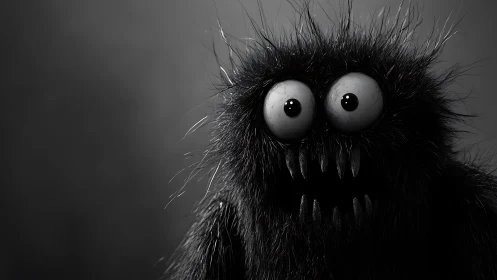 Wide-eyed midnight fuzz monster grinning into the void.