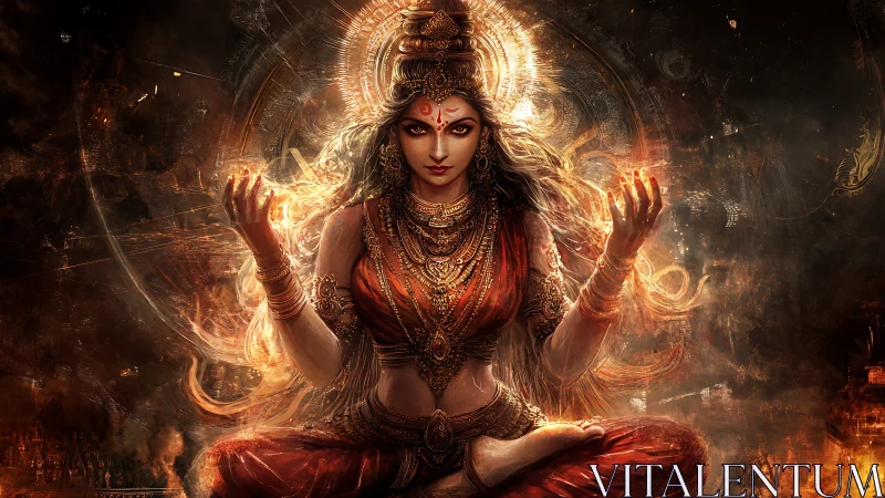 Fiery goddess meditating in swirling cosmic flames.