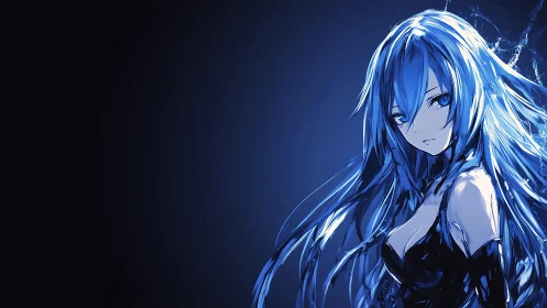 Cyan monochrome anime heroine with flowing luminous hair