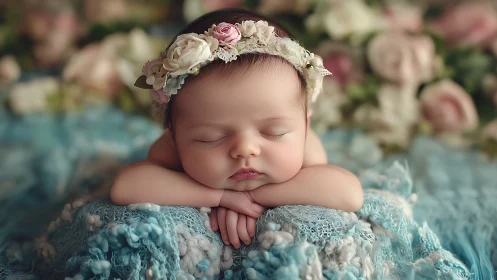 Sleeping Newborn Portrait with Floral Crown Against Blurred Rose Garden Backdrop