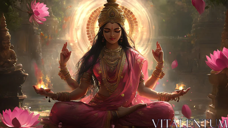 Lotus-lit goddess breathes calm fire into a golden dawn