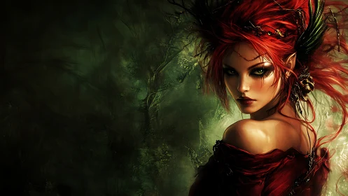 Crimson forest sorceress with bioluminescent ambient lighting.