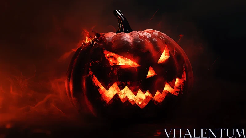 Flaming jack o lantern glows with menacing carved grin