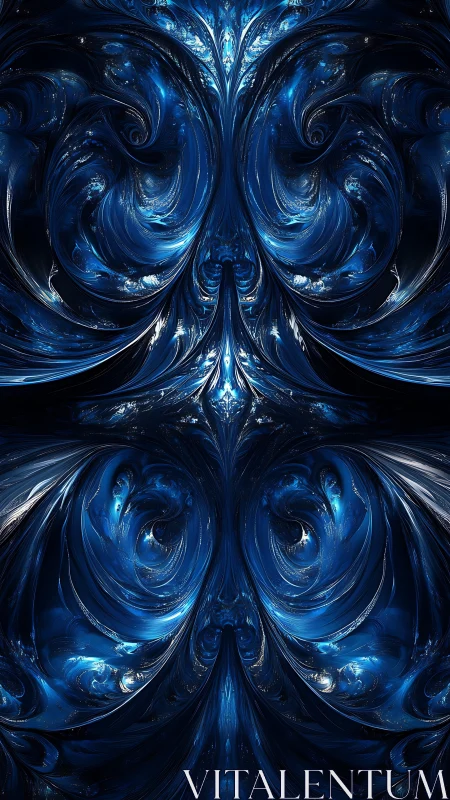Fractal blue vortex symmetry in luminous digital abstraction.