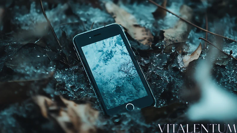 Smartphone lying on icy ground with fallen leaves.