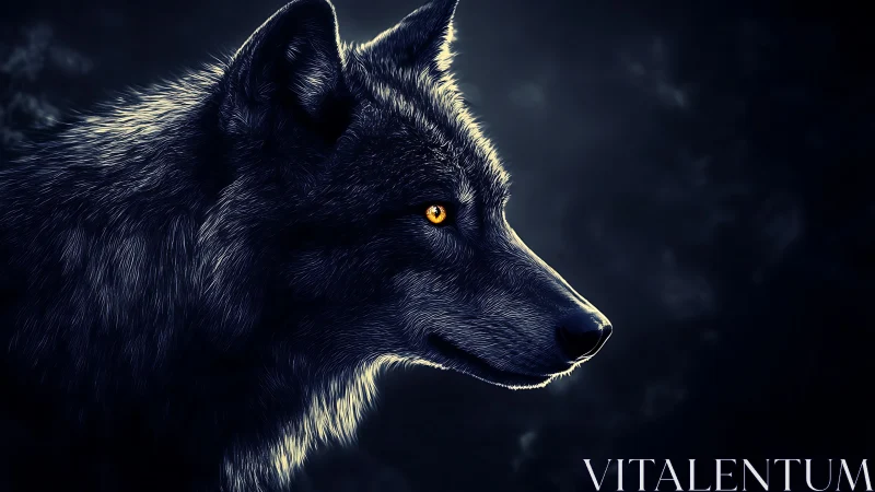 Side profile of dark wolf with luminous golden eye.