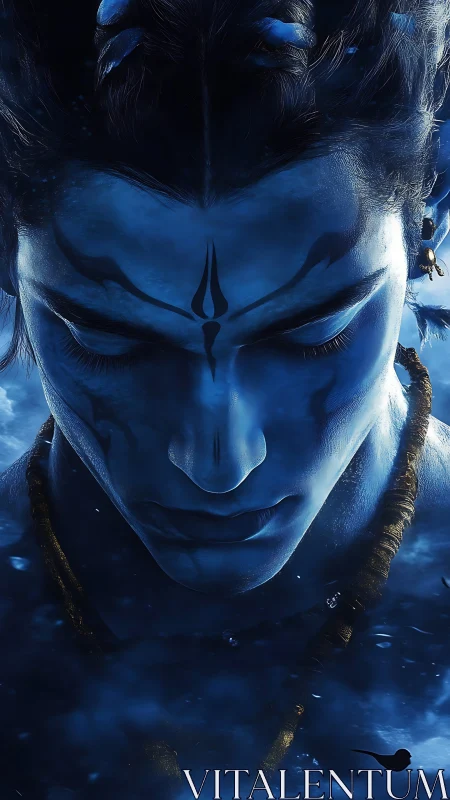 Blue-skinned male figure with closed eyes in frontal view