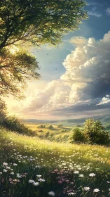 Sunlit wildflower meadow under towering summer clouds.