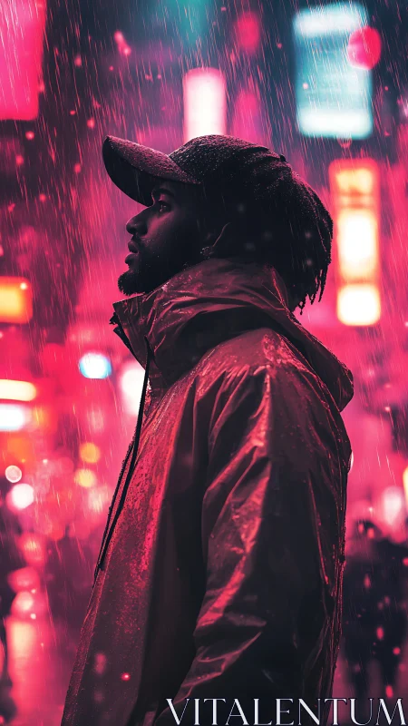 Man in neon city rain wearing hooded jacket at night.