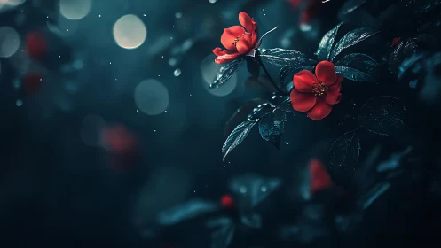 Red flowers with frost in dark blue nocturnal setting.