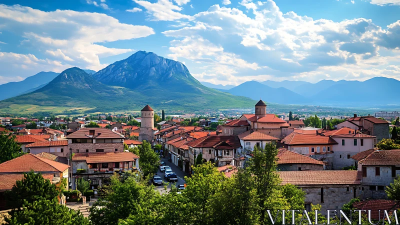 Panoramic red-roof townscape under dominant stratified mountain ridge
