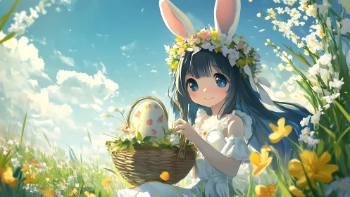 Anime girl in spring meadow with basket and rabbit ear headband
