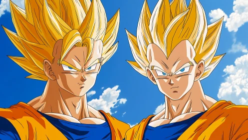 Dual spiky-haired anime warriors under saturated blue sky