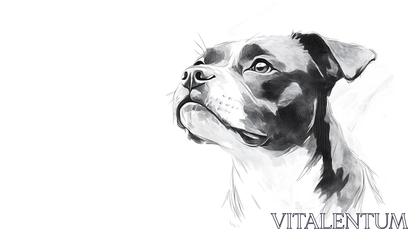 Monochrome canine portrait with crosshatched vector shading.