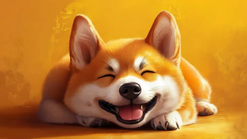 Smiling corgi puppy naps under warm golden light.