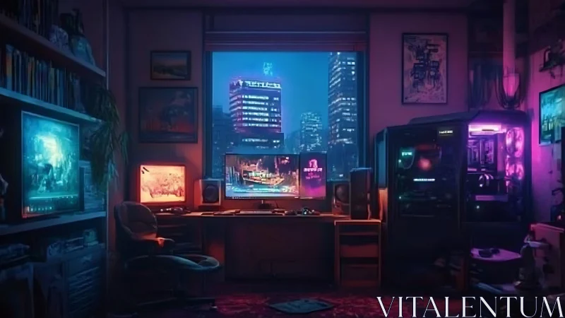 Neon-lit gamer setup overlooks futuristic cyberpunk cityscape.