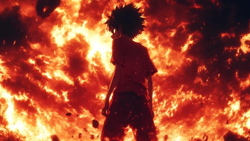 Backlit anime silhouette against turbulent inferno field.