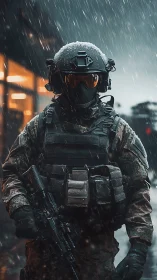 Tactical soldier in rain-soaked armor with carbine rifle.