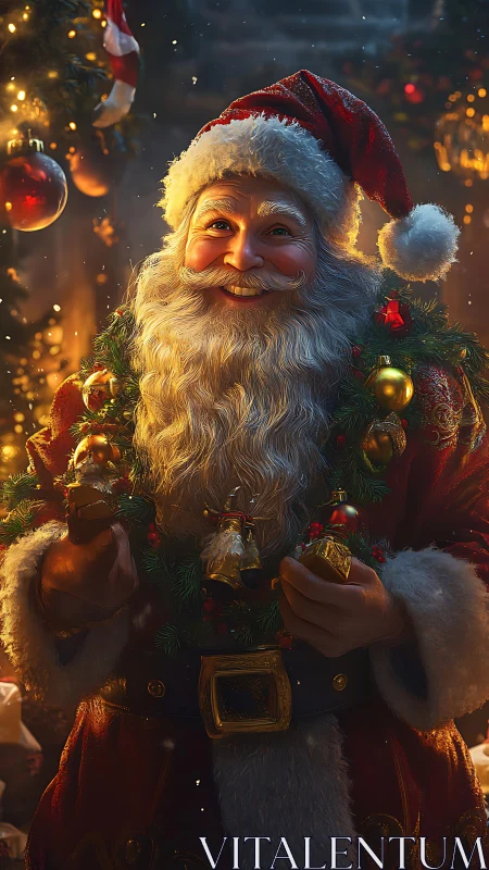 Santa Claus portrait with glowing Christmas wreath garland.
