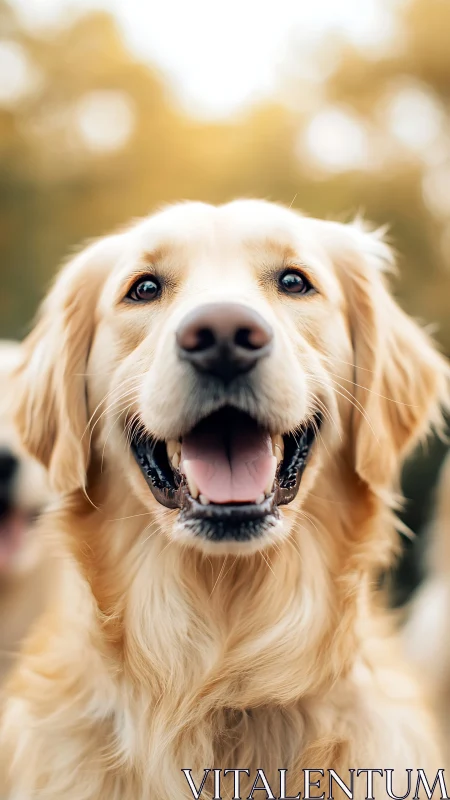Golden retriever close-up portrait outdoors at sunset.