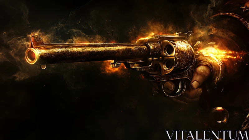 Digital painting of ornate flaming revolver in dynamic profile.