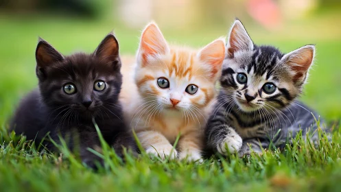 Three Alert Kittens Positioned on Vibrant Green Lawn Display.