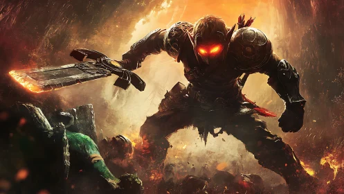 Flaming sword warrior charging through infernal battlefield.