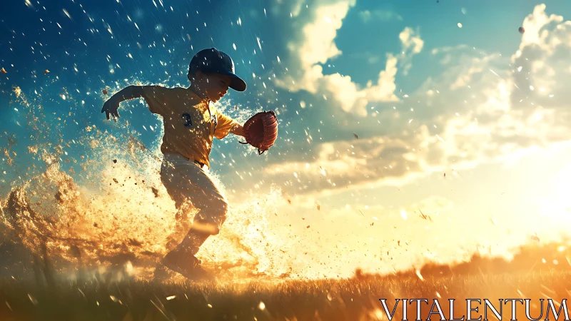 Backlit child baseball runner kicks dynamic sand spray at sunset