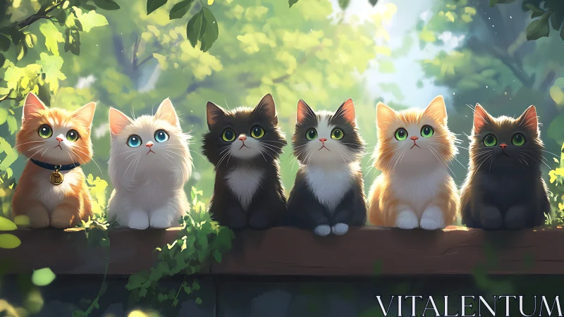 Six Digitally Rendered Cats Perched on Wooden Beam in Dappled Forest Setting