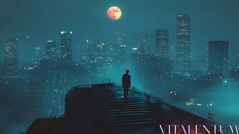 Cyberpunk skyline with lone figure on rooftop catwalk at night.