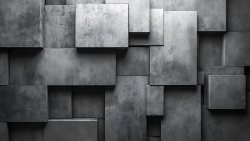 Layered metallic rectangles forming abstract grey wall.