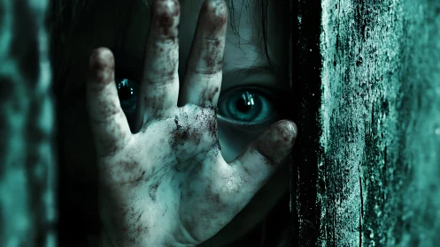 Child’s dirty hand blocks narrow gap while fearful eye stares