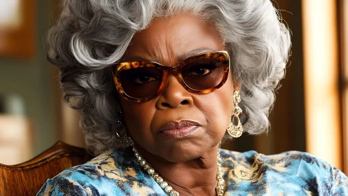 Elegant elderly woman in sunglasses exudes confident poise.
