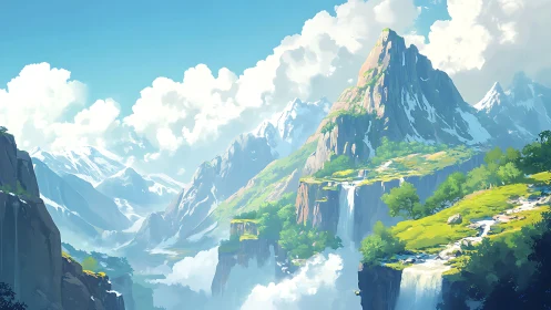 Stratified alpine massif with cascading plateau waterfalls rendered.