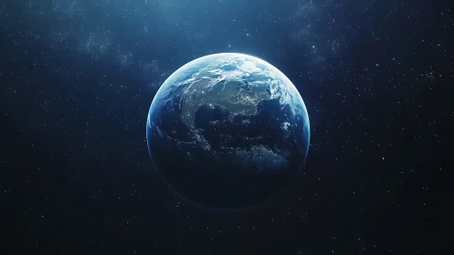 Earth in deep space with illuminated night side visible.