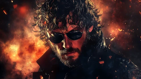 Brooding antihero stands before cinematic firestorm backdrop.