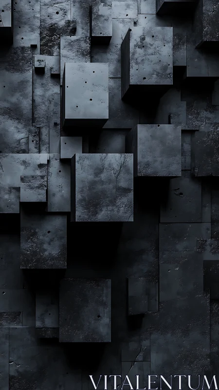 Staggered charcoal cubes in shadowed industrial gridscape.