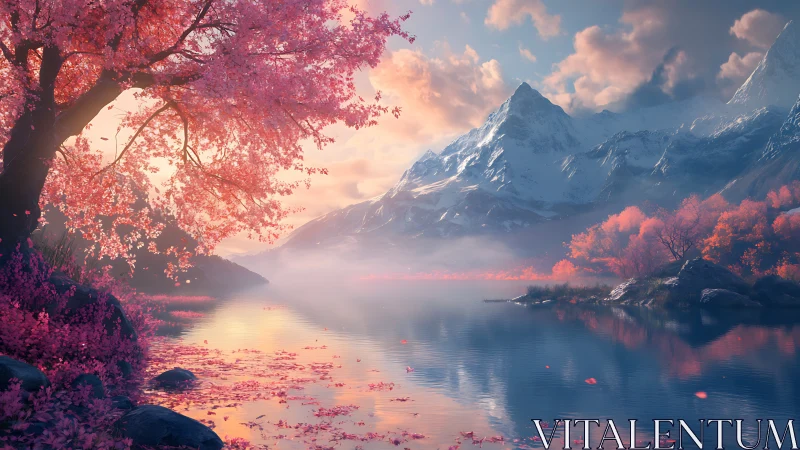 Blossoming lakeside valley glows beneath peaceful snowy peaks
