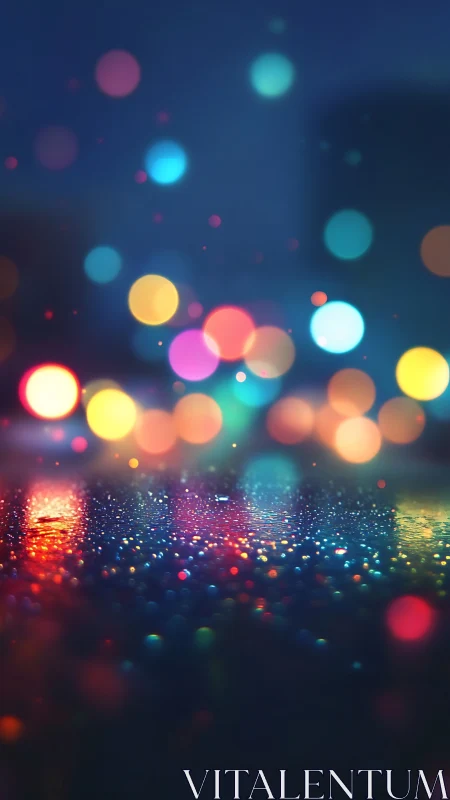 Defocused multicolor city lights reflect on wet pavement